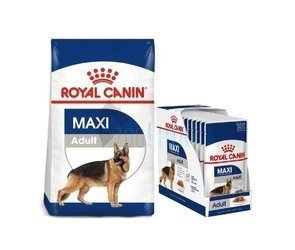 ROYAL CANIN Maxi Adult 15kg Trockenfutter für erwachsene Hunde bis 5 Jahre, große Rassen + Maxi Adult 10x140g