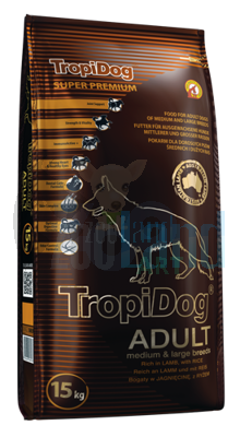 TROPIDOG SUPER PREMIUM ADULT MEDIUM & LARGE BREED LAMB WITH RICE 15kg + Überraschung für den Hund