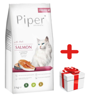DOLINA NOTECI Piper Animals mit Lachs für sterilisierte Katzen 3kg + Überraschung für die Katze