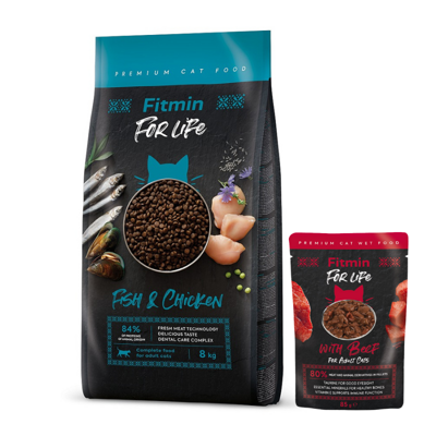 FITMIN Cat For Life Adult Fish and Chicken 8kg + Fitmin 85g GRATIS!