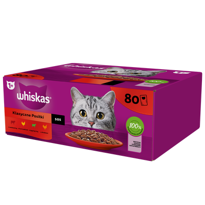 WHISKAS Adult Sachets 80 x 85 g Classic Meals - Nassfutter für ausgewachsene Katzen, in Sauce (Schnitte mit: Rind, Huhn, Lamm, Geflügel)